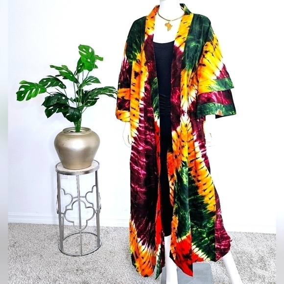 Long African Kimono Headwrap |Full Length African Print Jacket Ankara Robe - NEW - Picture 1 of 5